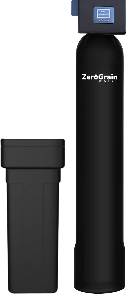 Whole-home softener in black: a resin tank crowned by its control head and display, beside a squat brine tank
